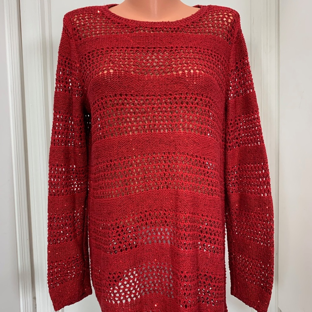 RAFAELLA Open Stitch Red Sweater Sequins tunic PL
